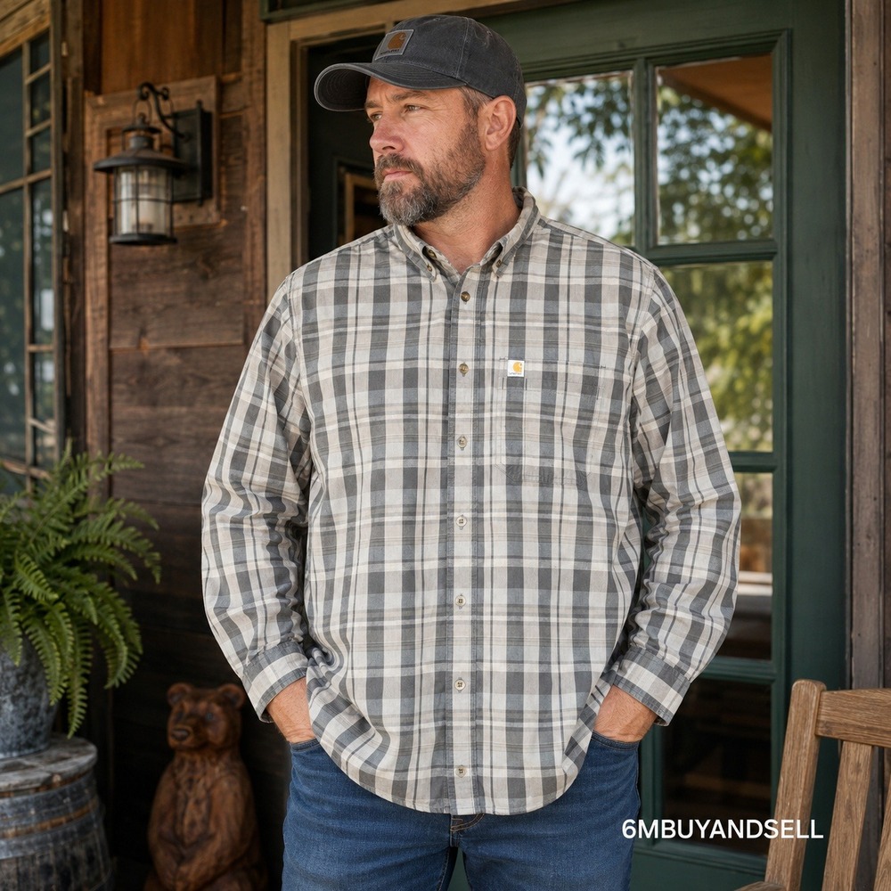 Carhartt Mens XL Tall Relaxed Fit Plaid Button Down Shirt Gray Tan 104444 029 - Picture 1 of 14